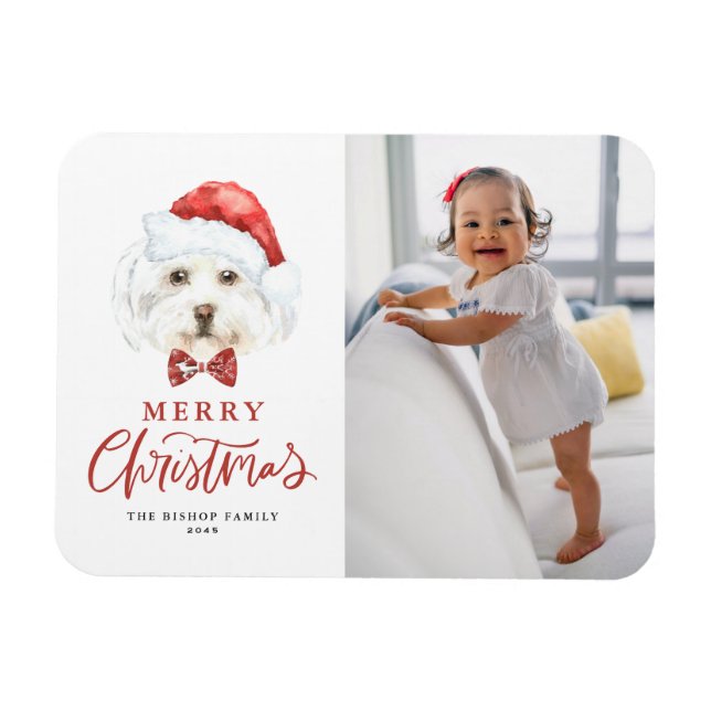 Niedliche Wasserfarbe Santa Maltese Dog Foto Weihn Magnet (Horizontal)