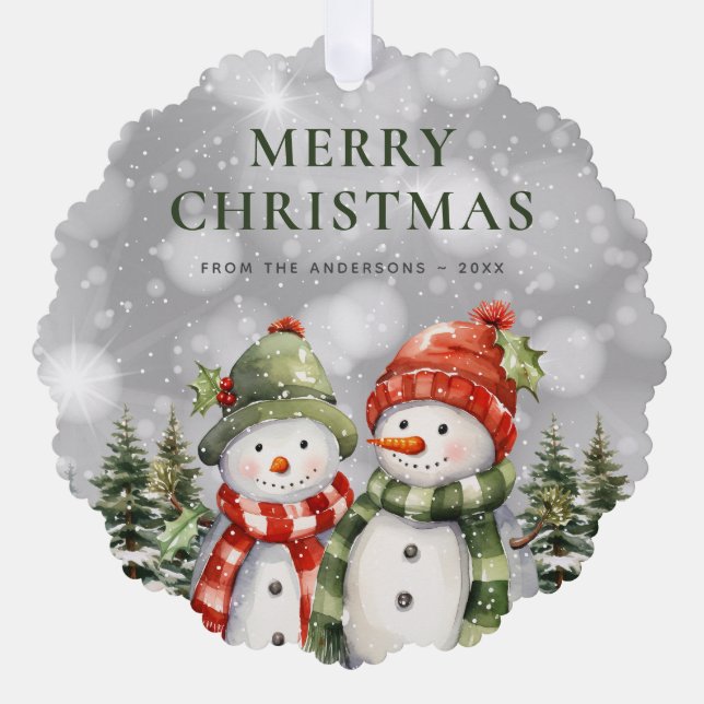 Niedliche Wasserfarbe Schneemann Frohe Weihnachten Ornament Karte (Vorderseite)