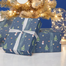 Niedliche Wasserfarbe Schneemann Muster Blau Weihn Geschenkpapier