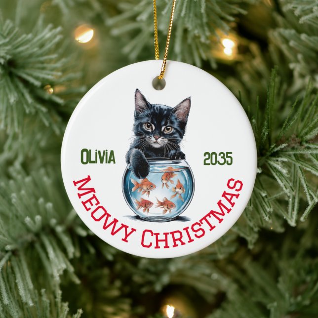 Niedliche Wasserfarbe Schöne Katze & Goldfish, lus Keramik Ornament (Baum)