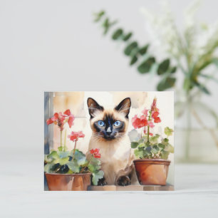 Niedliche Wasserfarbe Siamesische Katze Rote Geran Postkarte