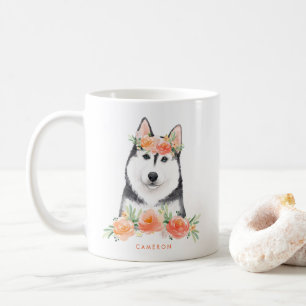 Niedliche Wasserfarbe Sibirischer Husky Peach Flor Kaffeetasse