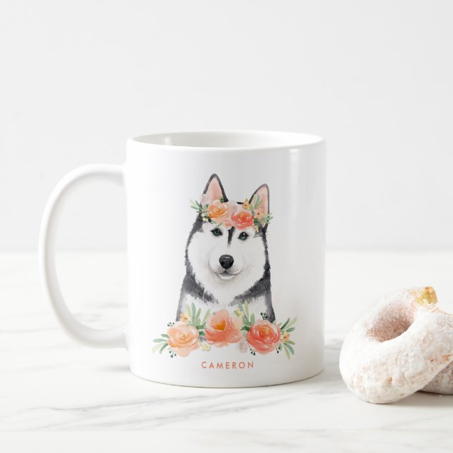 Niedliche Wasserfarbe Sibirischer Husky Peach Flor Kaffeetasse (Mit Donut)