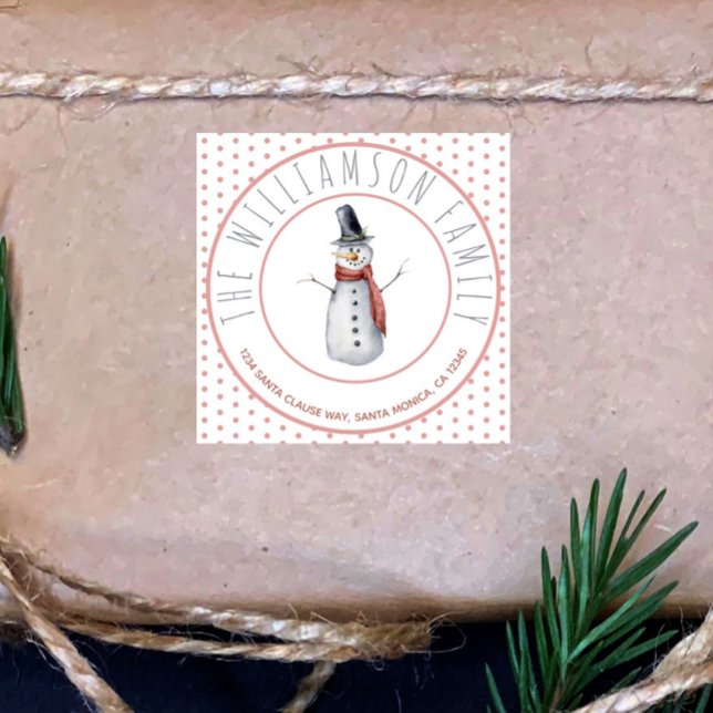 Niedliche Wasserfarbe Snowman Familienname Polka D Quadratischer Aufkleber (Von Creator hochgeladen)
