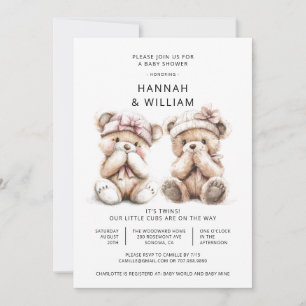 Niedliche Wasserfarbe Twins Teddy Bear Babydusche Einladung