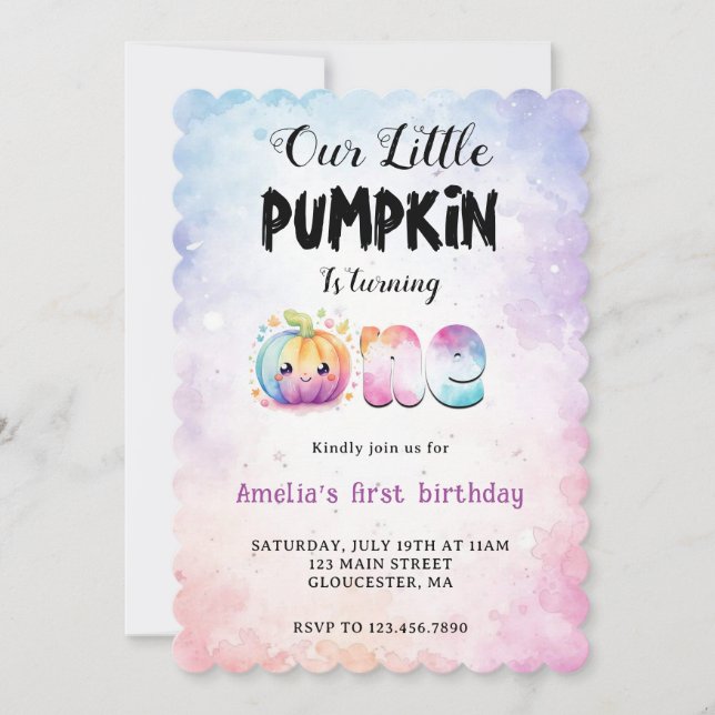 Niedliche Wasserfarbe Unser kleiner Pumpkin 1. Geb Einladung (Vorderseite)