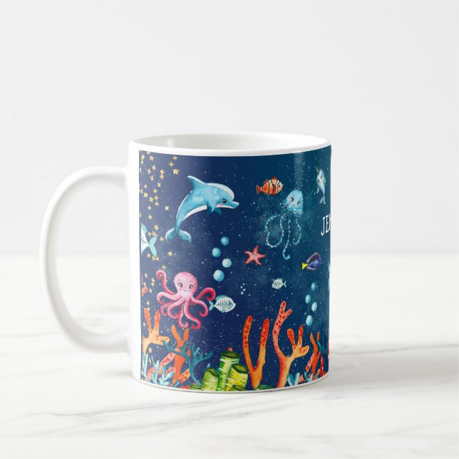 Niedliche Wasserfarbe unter dem Meer Custom Blue Kaffeetasse (Links)
