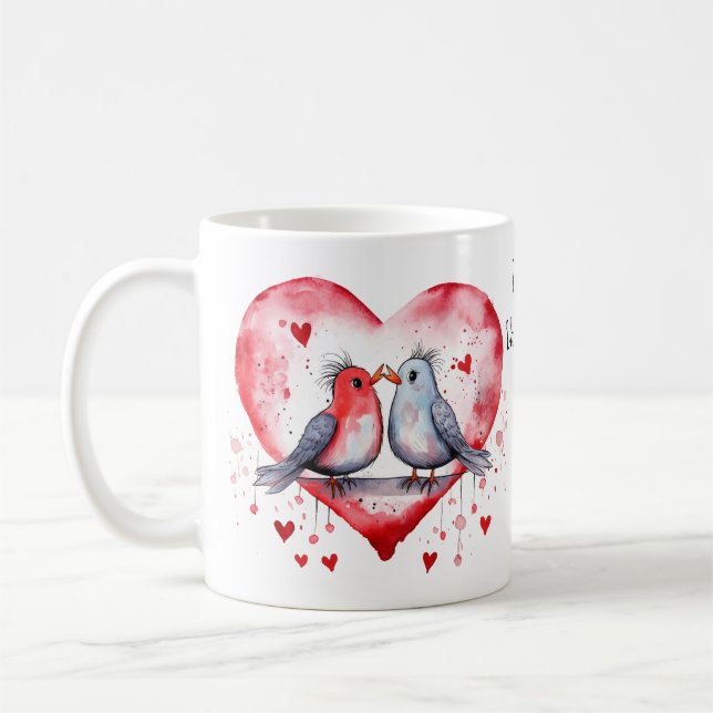 Niedliche Wasserfarbe Vögel lieben Happy Valentins Kaffeetasse (Links)