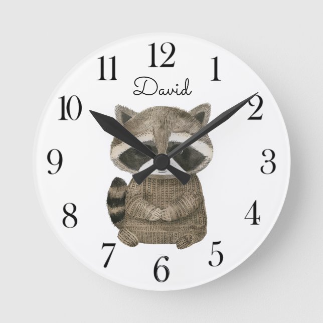 Niedliche Wasserfarbe Wald Raccoon Runde Wanduhr (Vorderseite)