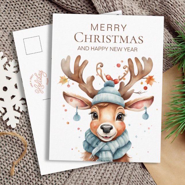 Niedliche Wasserfarbe Wald Weihnachtsbaum Postkarte (Cute Watercolor Woodland Christmas Reindeer Postcard)