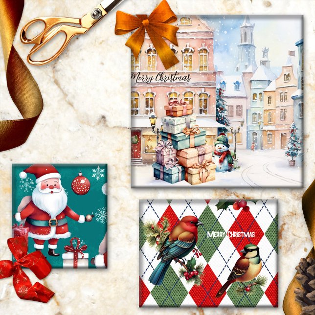 Niedliche Wasserfarbe Weihnachten Geschenkpapier Set (Cute Christmas wrapping paper sheets with Santa, snowman, watercolor snow in the city, argyle birds)