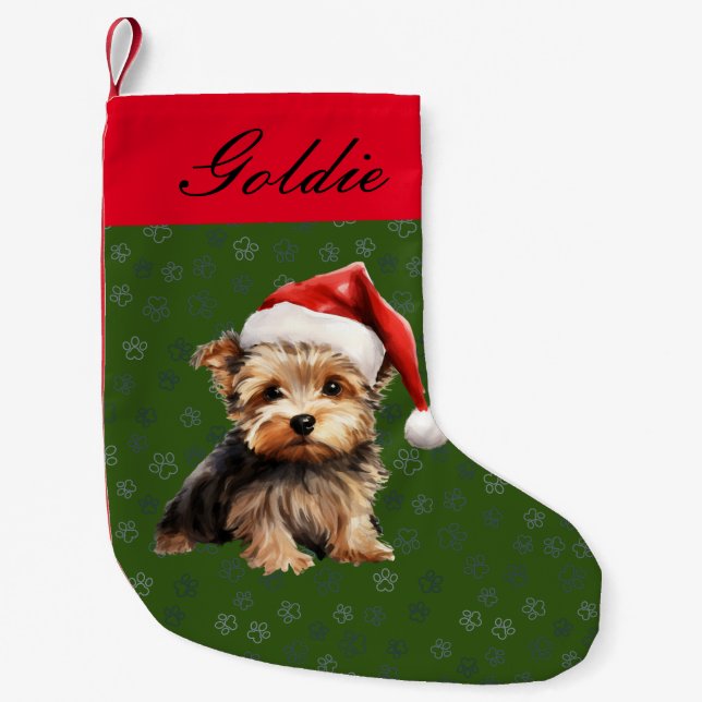 Niedliche Wasserfarbe Yorkie mit Santa Red Hat Cus Kleiner Weihnachtsstrumpf (Vorderseite)