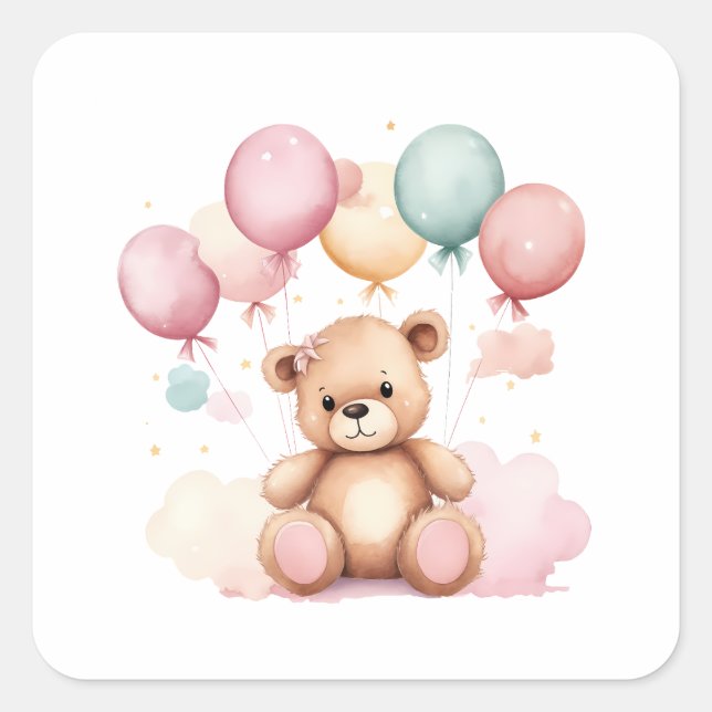 Niedliche Wasserfarben Babydusche Balloons Teddy B Quadratischer Aufkleber (Vorderseite)