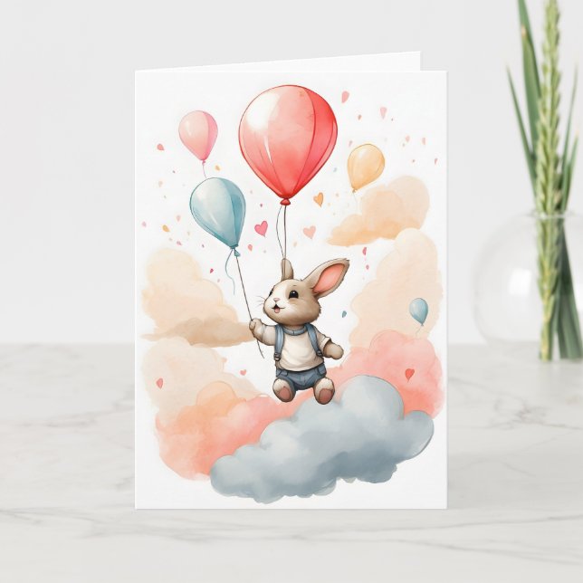 Niedliche Wasserfarben Bunny Rabbit Big Red Balloo Karte (Vorderseite)