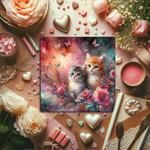 Niedliche Wasserfarben Katzen Blume Valentine Feiertagskarte