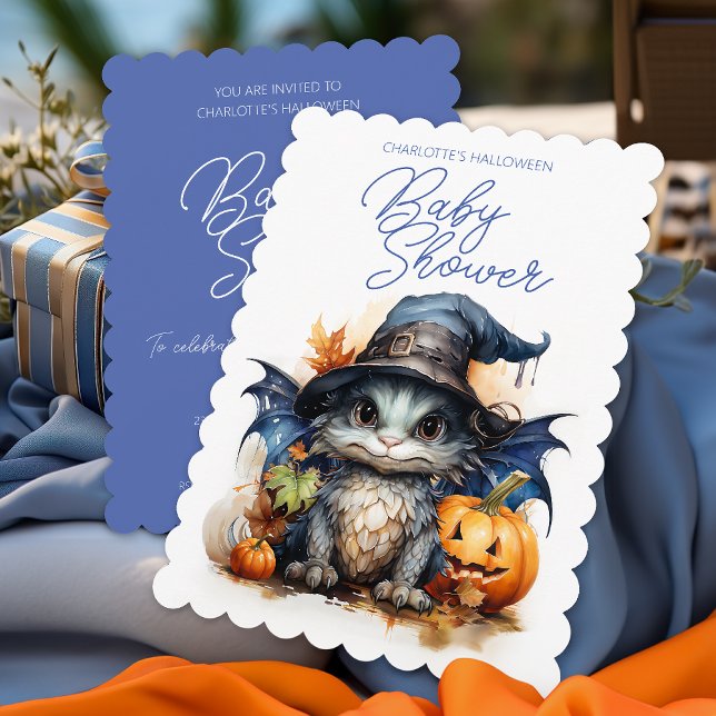 Niedliche Wasserfarben Kinderspülung Halloween Kin Einladung (Make a lasting impression with a cornflower blue themed baby shower at Halloween - Dragon included.)
