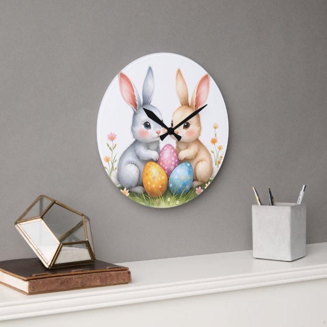 Niedliche Wasserfarben OsterBunnies Niedliche Kani Große Wanduhr (Büro)