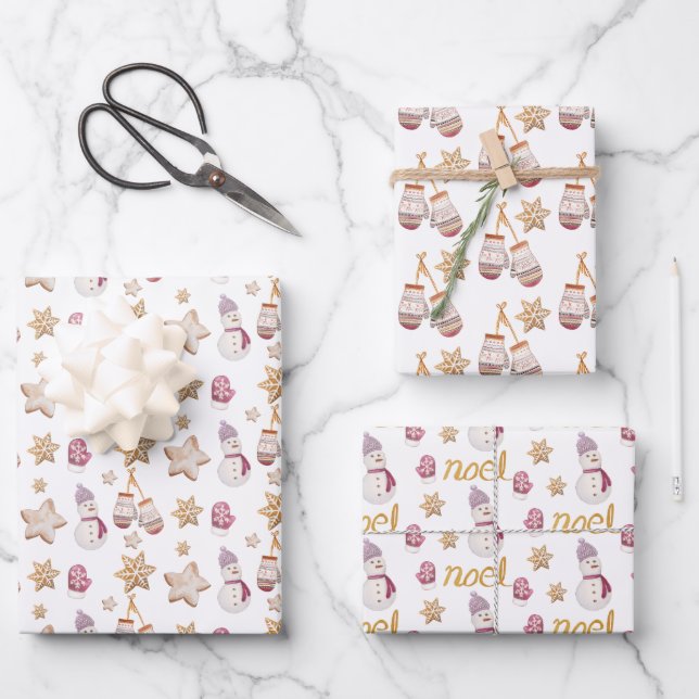 Niedliche Wasserfarben Schneemann Kekse Kunst Geschenkpapier Set (Vorderseite)