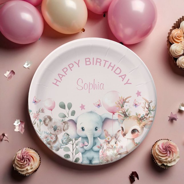 Niedliche Wasserfarben Wildtiere Rosa Mädchen Gebu Pappteller (Von Creator hochgeladen)