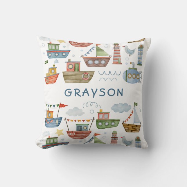Niedliche Wasserfarbenboote Kinderwagen Name hinzu Kissen (Vorderseite)
