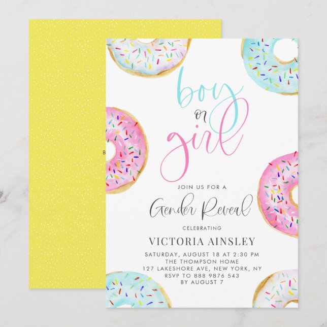 Niedliche WasserfarbenDonuts Geschlecht zeigt Kind Einladung (Vorne/Hinten)