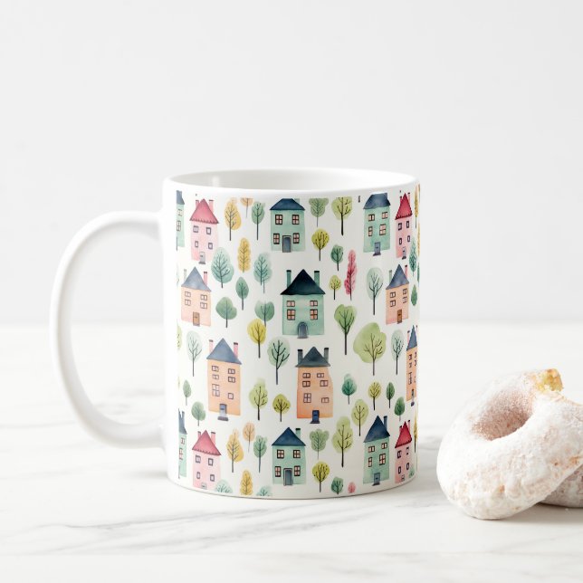 Niedliche Wasserfarbenhäuser Realty Kaffeetasse (Mit Donut)