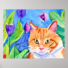 Niedliche Wasserfarbenkatze und Hübsche Blume Poster