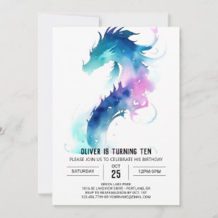 Niedliche Watercolor Dragon Fantasy Birthday Einladung