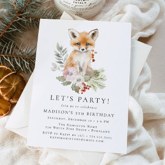Niedliche Watercolor Fox Winter Geburtstagsparty Einladung