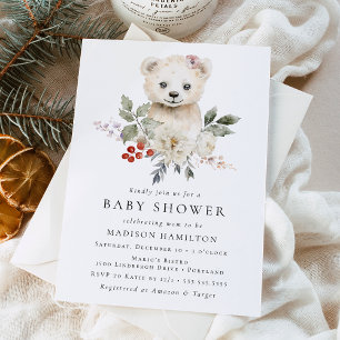 Niedliche Watercolor Polar Bear Winter Babydusche Einladung