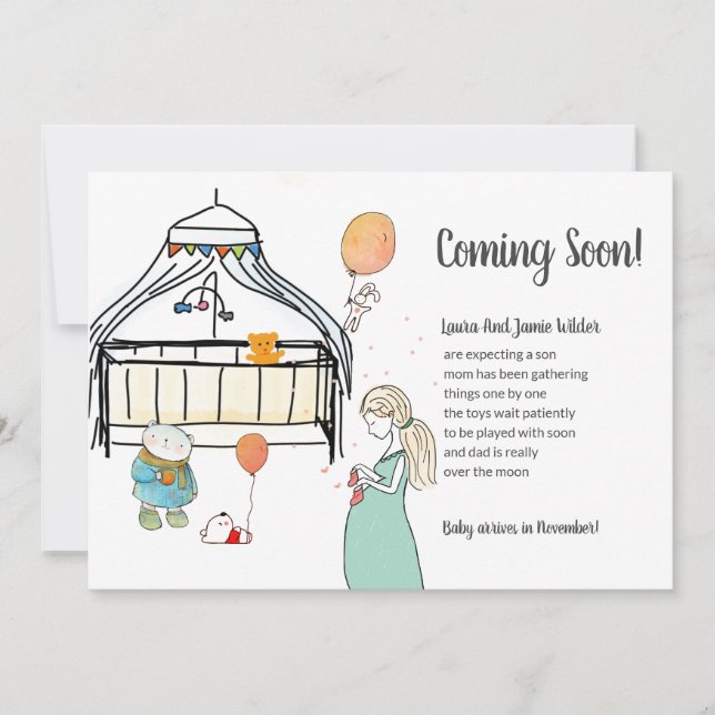 Niedliche Watercolor Schwangerschaft Baby Boy Schw Ankündigung (Vorderseite)