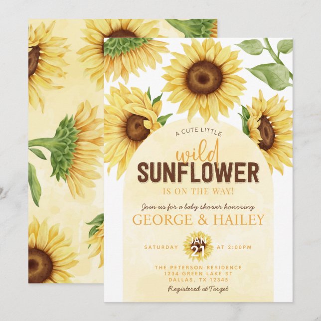 Niedliche Watercolor Wild Sunflower Baby Dusche Einladung (Vorne/Hinten)