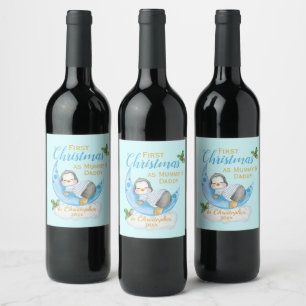 Niedliche Weihnachten als Mommy & Daddy Blue Pingu Weinetikett