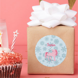 Niedliche Weihnachten Einhorn Rosa Girl Snowflake Runder Aufkleber