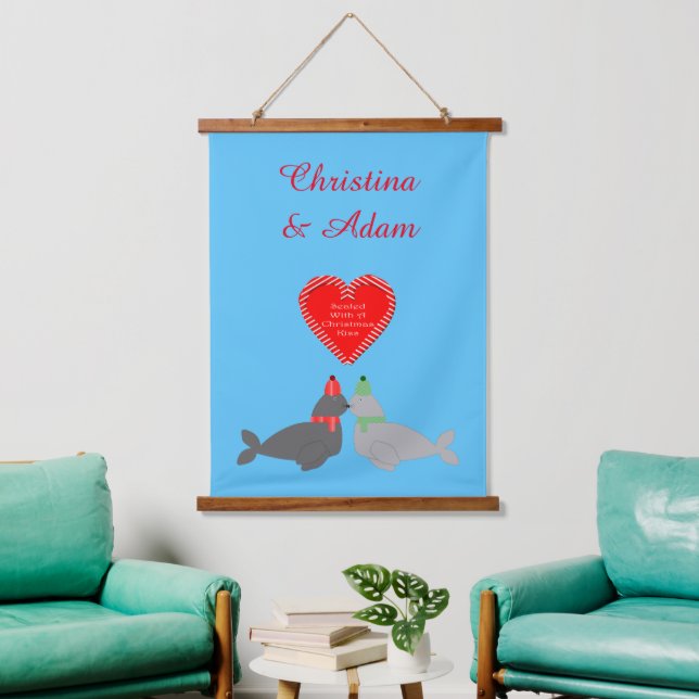Niedliche Weihnachten Küssen Siegel Individuelle N Wandteppich Mit Holzrahmen (Wohnzimmer)