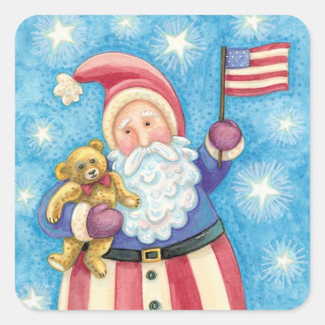 Niedliche Weihnachten, Patriotischer Weihnachtsman Quadratischer Aufkleber (Vorderseite)