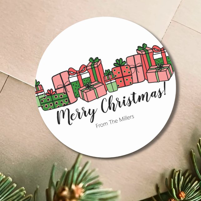 Niedliche Weihnachten Runder Aufkleber (Cute Colorful Simple Modern Red Pink Christmas Classic Round Sticker)