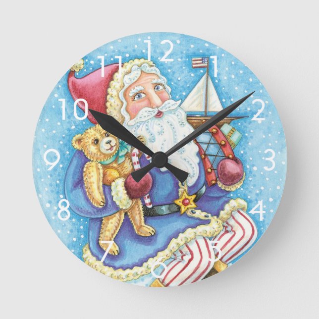 Niedliche Weihnachten, Weihnachtsmann auf Snowball Runde Wanduhr (Vorderseite)