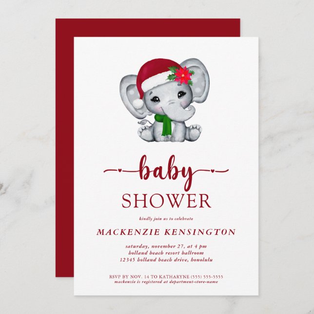 Niedliche Weihnachts-Elephant-Babydusche Einladung (Vorne/Hinten)