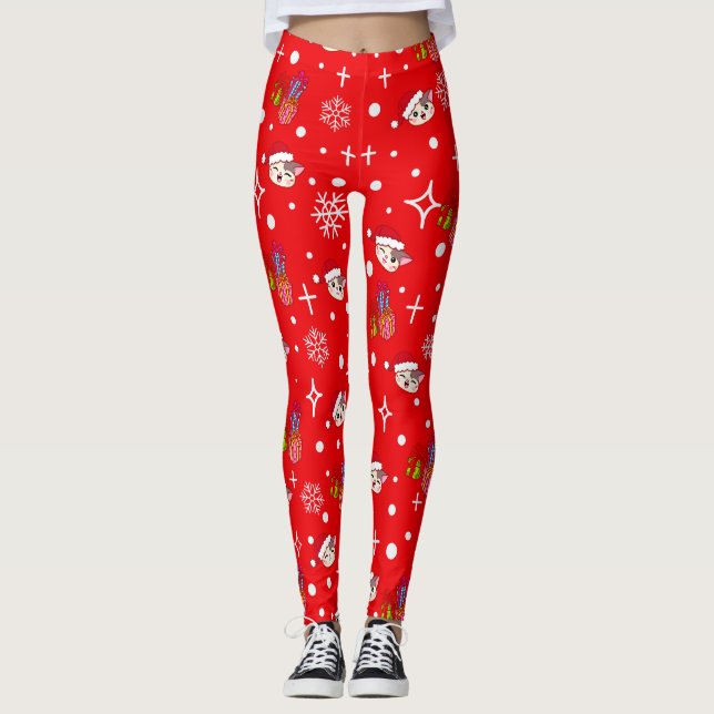 Niedliche Weihnachts-Kitty Rote Leggings (Vorderseite)