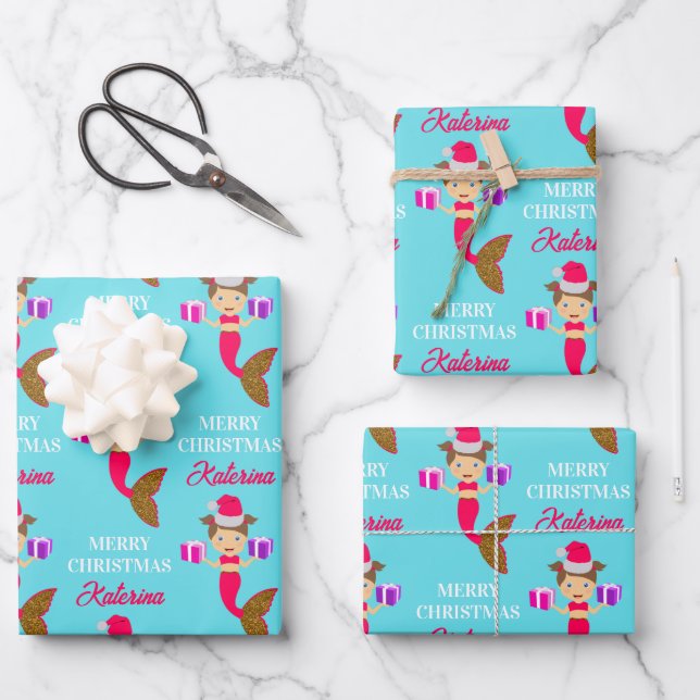 Niedliche Weihnachts-Meerjungfrau-Weihnachtsmannmü Geschenkpapier Set (Vorderseite)