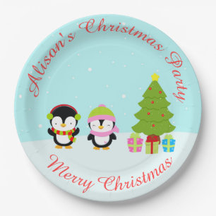 Niedliche Weihnachts-Pinguine und Baum Pappteller