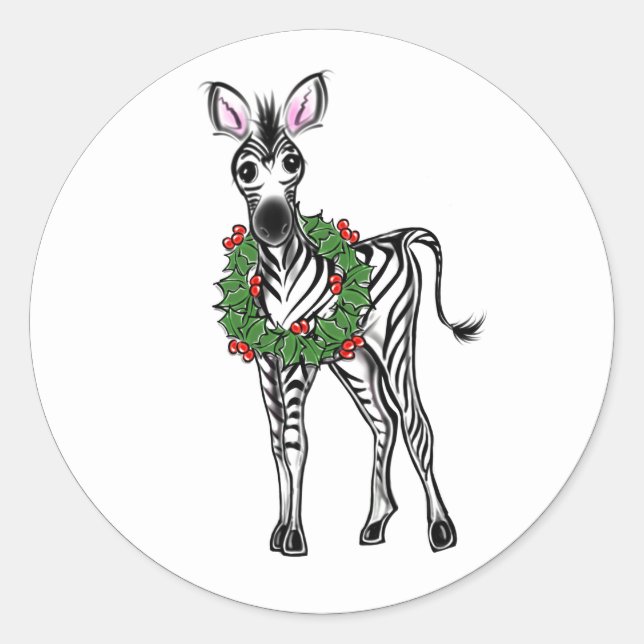 Niedliche Weihnachts-Zebra-Illustration Holly Kran Runder Aufkleber (Vorderseite)