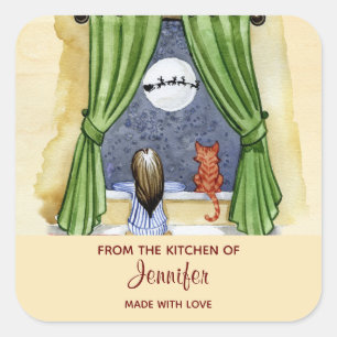 Niedliche Weihnachtsabend Szene Wasserfarbe Küche Quadratischer Aufkleber