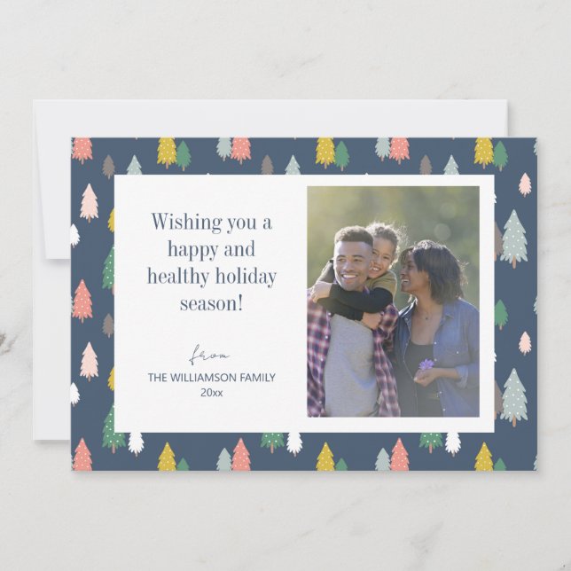 Niedliche Weihnachtsbäume Blaues Foto Feiertagskarte (Vorderseite)