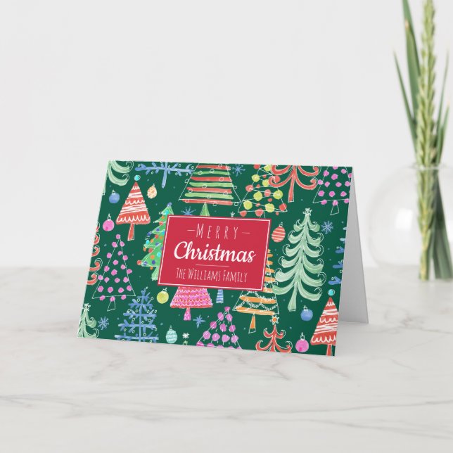 Niedliche Weihnachtsbaumen Frohe Weihnachtsfamilie Feiertagskarte (Vorderseite)