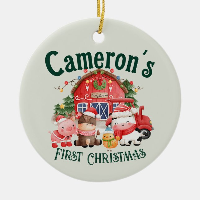 Niedliche Weihnachtsbaumtiere auf grünen Fotos Keramik Ornament (Vorne)