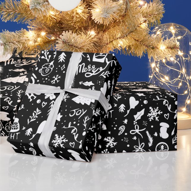 Niedliche Weihnachtsbilder schwarz Geschenkpapier (Feiertage)