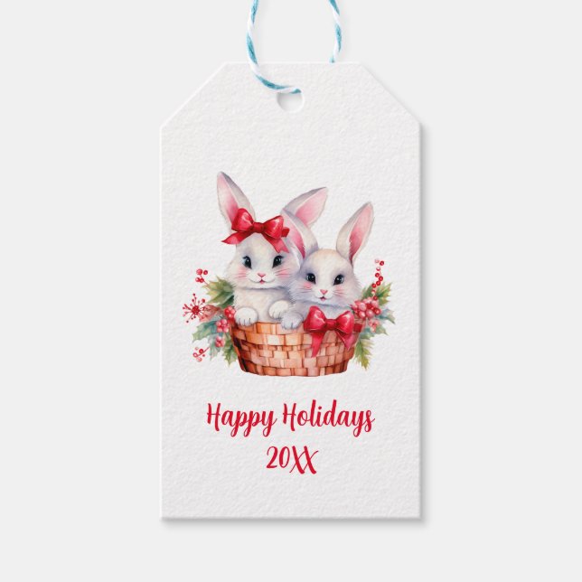 Niedliche Weihnachtsbunnies in einem Korb Geschenkanhänger (Vorderseite)