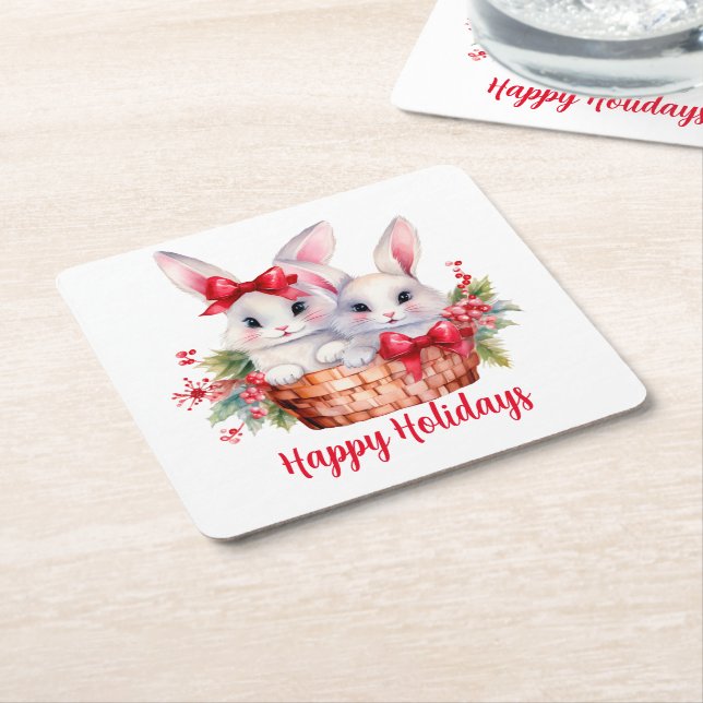 Niedliche Weihnachtsbunnies in einem Korb Rechteckiger Pappuntersetzer (angewinkelt)